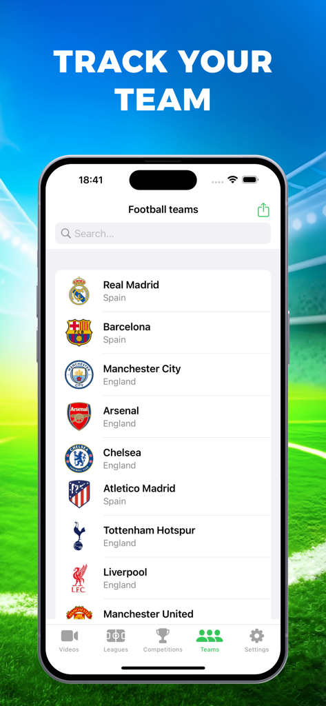 Live Football TV. Soccer Score - ライブスコアをフォローするために、レアル・マドリードやマンチェスター・シティのようなヨーロッパのサッカーチームのリストを表示するモバイルアプリ画面。