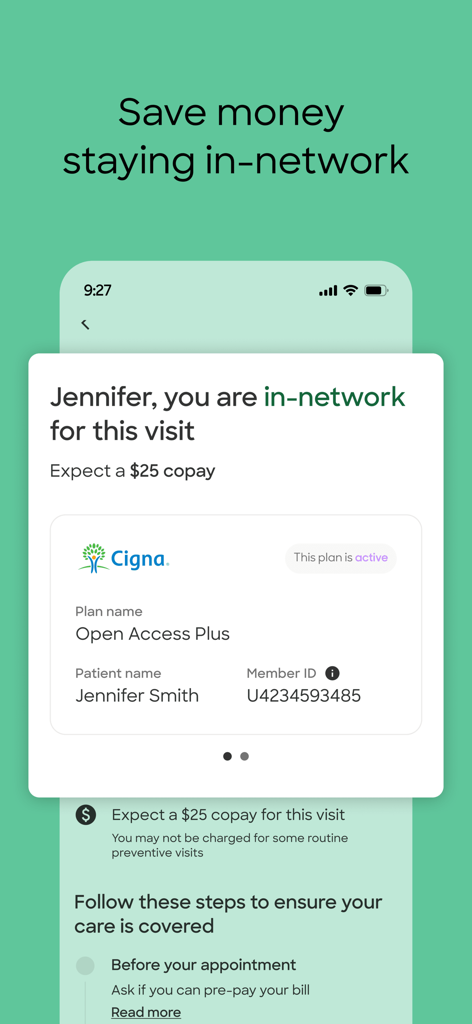 Zocdoc mobile app interface showing a verified in-network Cigna insurance card and an expected twenty-five dollar copay for a medical visit.