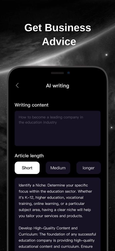 G.AI 4.1 -AI Chatbot Assistant - G.AI app interface showing AI-generated business advice and writing options