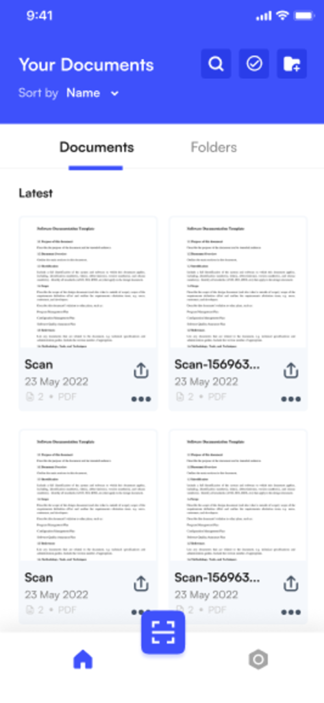 Scan UP – Secure Scanner - A mobile app screen showing a grid of scanned PDF documents organized in the Scan UP document library.