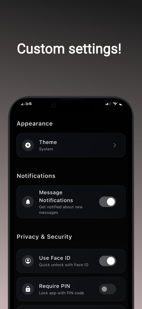 Screenshot der Ghost Private Messenger-App mit Einstellungen für Erscheinungsbild, Benachrichtigungen und Datenschutz, einschließlich Face ID und PIN-Sperroptionen