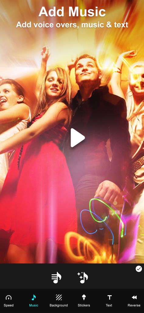 A screenshot of the Video Merger Pro app interface displaying options to add music and voice overs to a video.