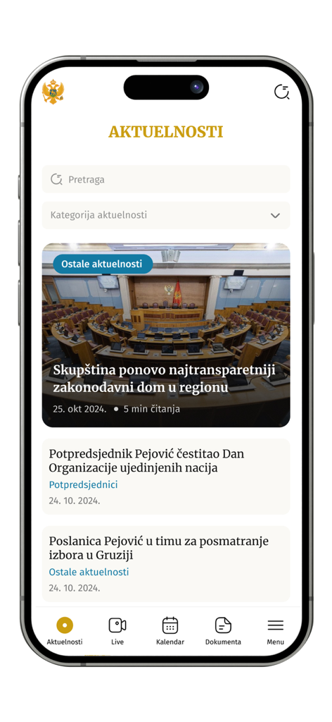Skupština CG - Mobile app screen showing the news feed of the Parliament of Montenegro with legislative updates and navigation menu