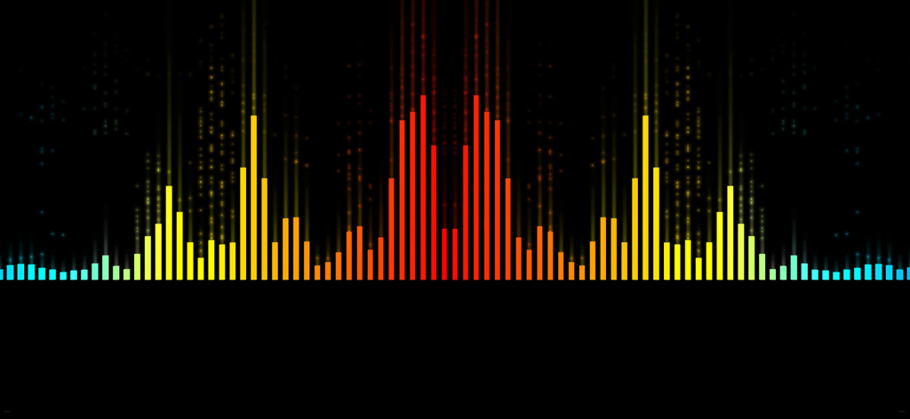 Visualizzazione audio dello spettro di frequenza a barre colorate su sfondo nero