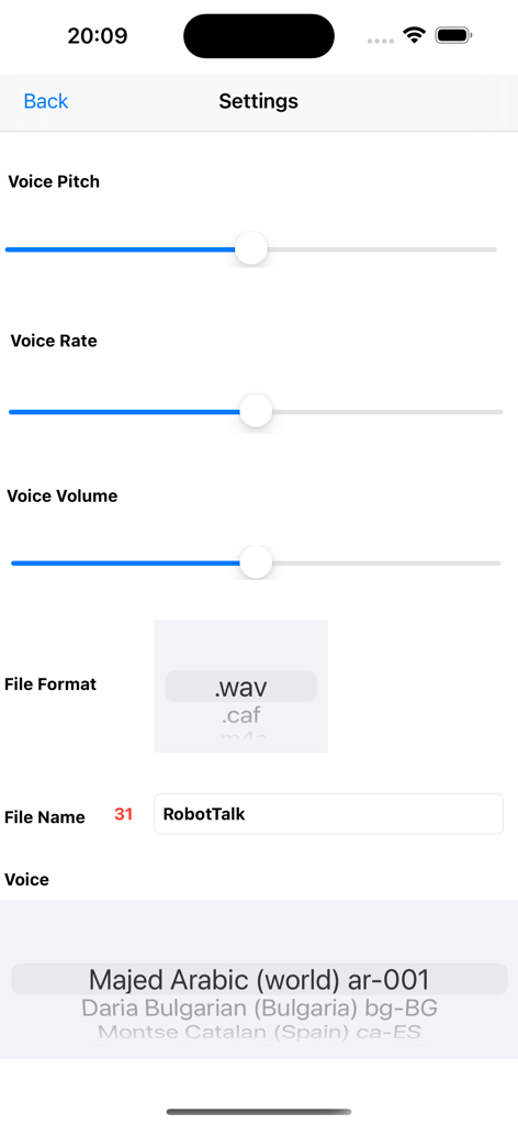 Robot Talk - Robot Talk app settings menu for adjusting voice pitch rate and volume with audio export options
