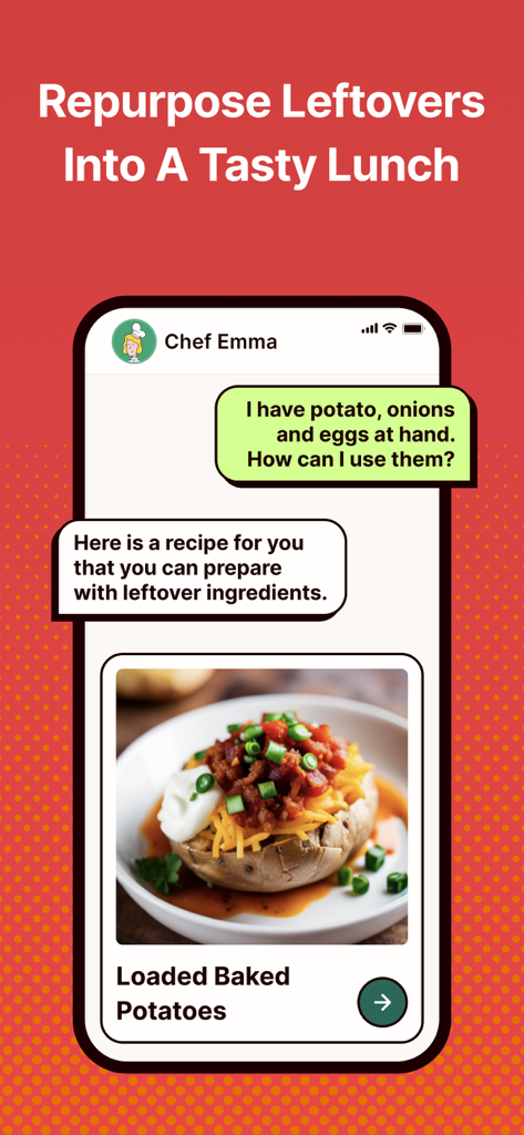 Magic Chef AI Recipe Generator - Magic Chef AIアプリのチャットインターフェース。ユーザーが余り物の食材を使ったレシピを尋ね、ロードベイクドポテトの提案を受け取る。