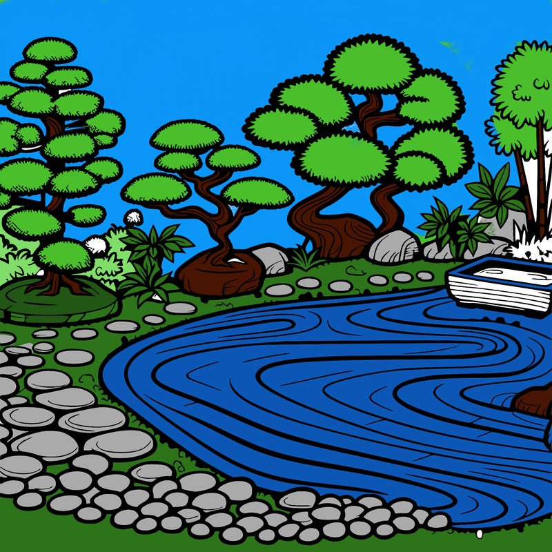 a serene zen garden with raked gravel, bonsai trees, and tranquil ponds