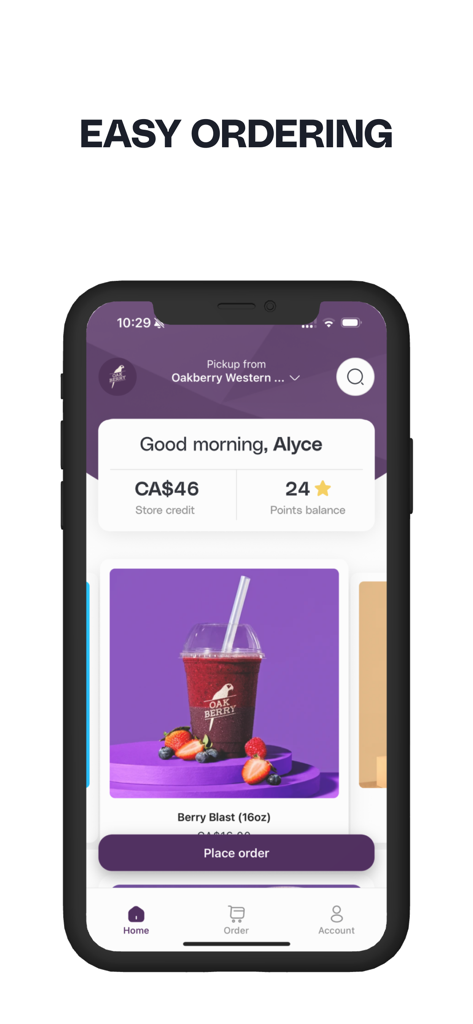 OAKBERRY CA - Oakberry CAモバイルアプリのインターフェース。簡単な注文とロイヤルティ特典ポイントが表示されたホーム画面。
