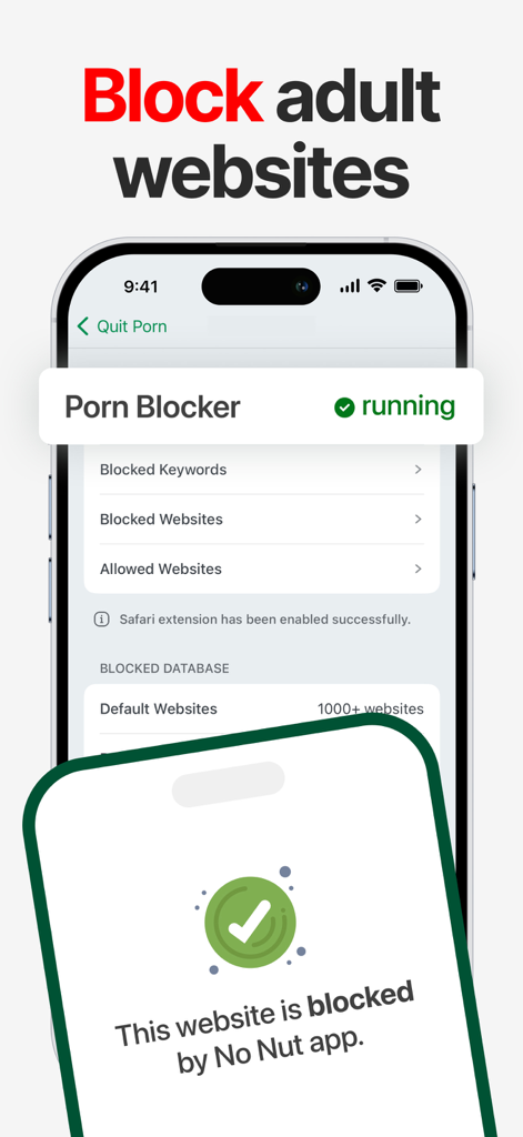 No Nut app porn blocker interface showing website blocking features on an iPhone screen