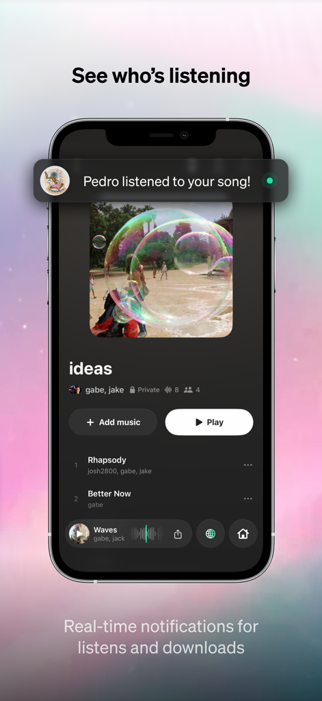 Baton - Unreleased Music - Baton 앱 인터페이스에 노래 재생에 대한 실시간 알림과 음악 재생 목록이 표시됩니다