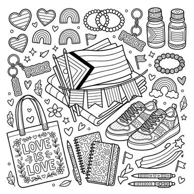Immerse yourself in a world of love and acceptance with this special Pride Month coloring page. It features a delightful collection of items celebrating diversity and unity, ready for your creative touch.