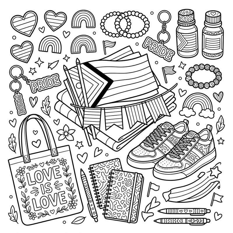 Immerse yourself in a world of love and acceptance with this special Pride Month coloring page. It features a delightful collection of items celebrating diversity and unity, ready for your creative touch.