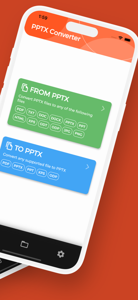 PPTX Converter, PPTX to PDF - Captura de tela da interface do aplicativo Conversor PPTX mostrando botões para converter de PPTX para outros formatos e de outros formatos para PPTX.