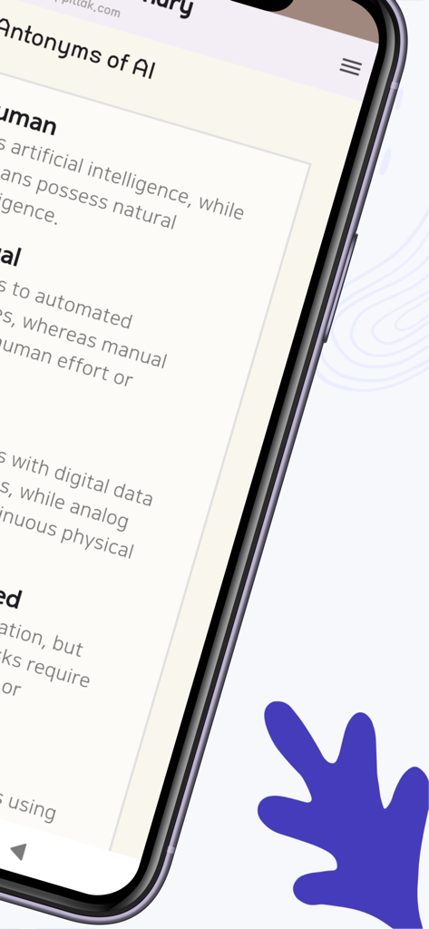 Ppittack DictionaryアプリがAIという単語の対義語リストを表示しているモバイル画面
