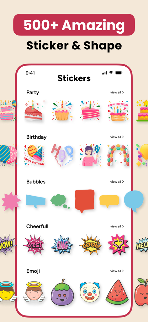 Wedding Invitation Maker RSVP - Mobile app interface showing over five hundred stickers and shapes for invitation design including cakes balloons and speech bubbles