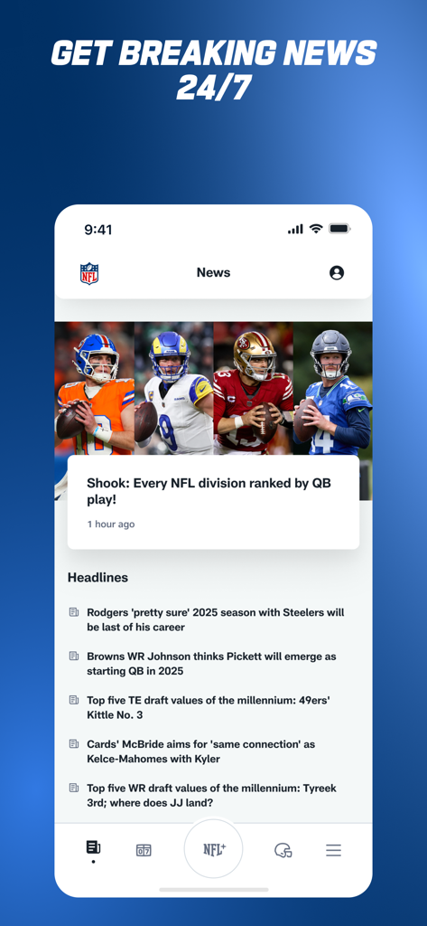 Interfaz de la app móvil de la NFL que muestra el feed de noticias con historias de última hora y titulares