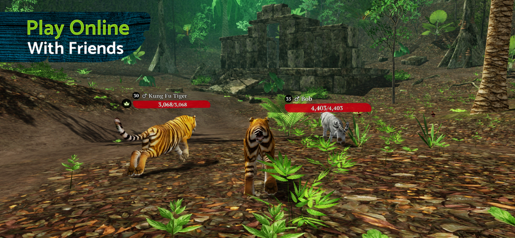 マルチプレイヤーオンラインRPGゲームで3Dのジャングル環境を駆け抜ける3匹のトラ