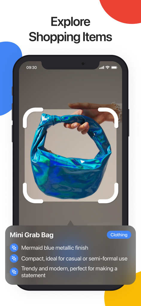 Lens Scan app identifying a blue metallic handbag and providing descriptive details.