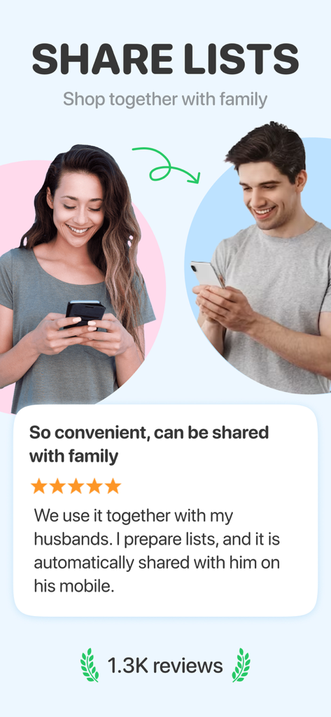 Una captura de pantalla de la aplicación ToBuy que destaca la función de listas compartidas para familias con una reseña de cliente y una calificación alta.
