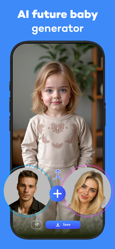 AI Future Baby Generator-BabyS - AI Future Baby Generator app interface showing parent photos merged into an AI generated child