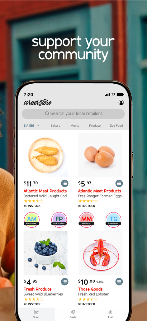 CornerStore - The CornerStore app showing local product listings like seafood and produce in New Brunswick.