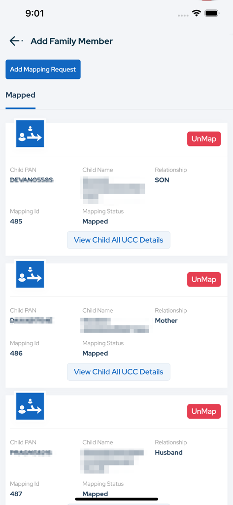 NJ E-Wealth Account app screen showing a list of mapped family members for consolidated investment tracking