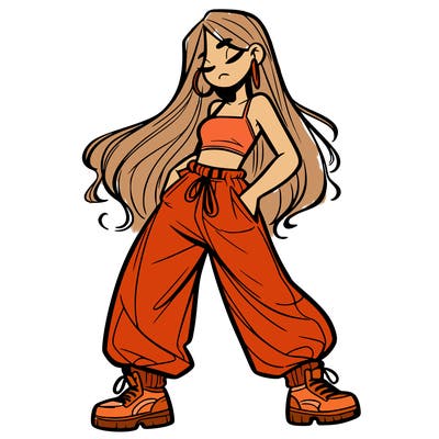 girl in baggy pants crop top and long hair