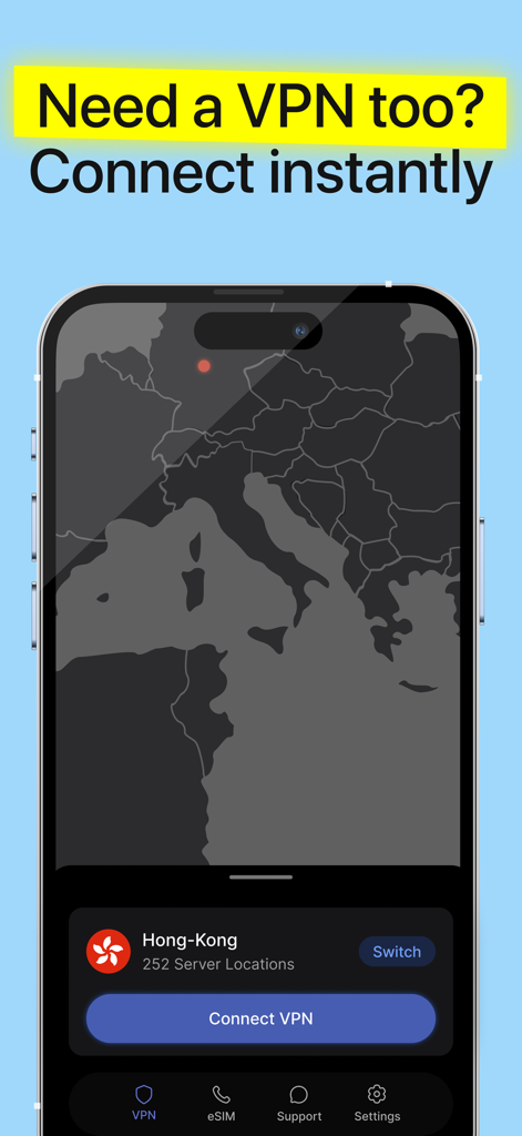Smartphone screen showing the VPN connection feature in the ZERO eSIM and VPN app