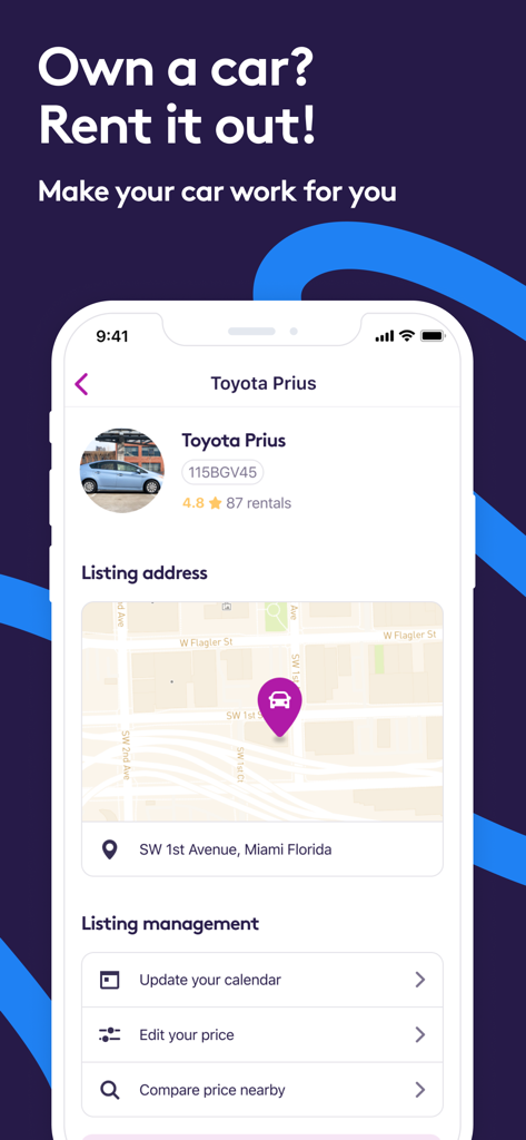 Interface of Getaround app for car owners to list and manage their vehicle rentals including pricing and availability