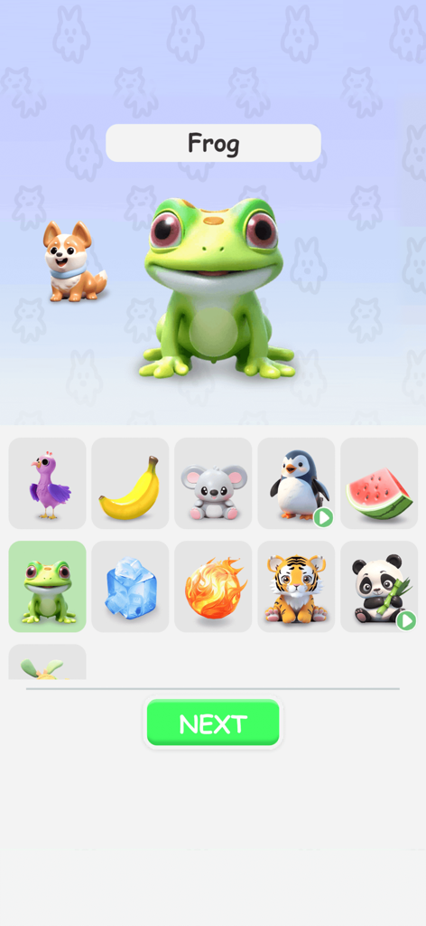 A character selection screen in Mix Monster Animal Merge Game featuring a cute 3D frog and a grid of animals to combine.