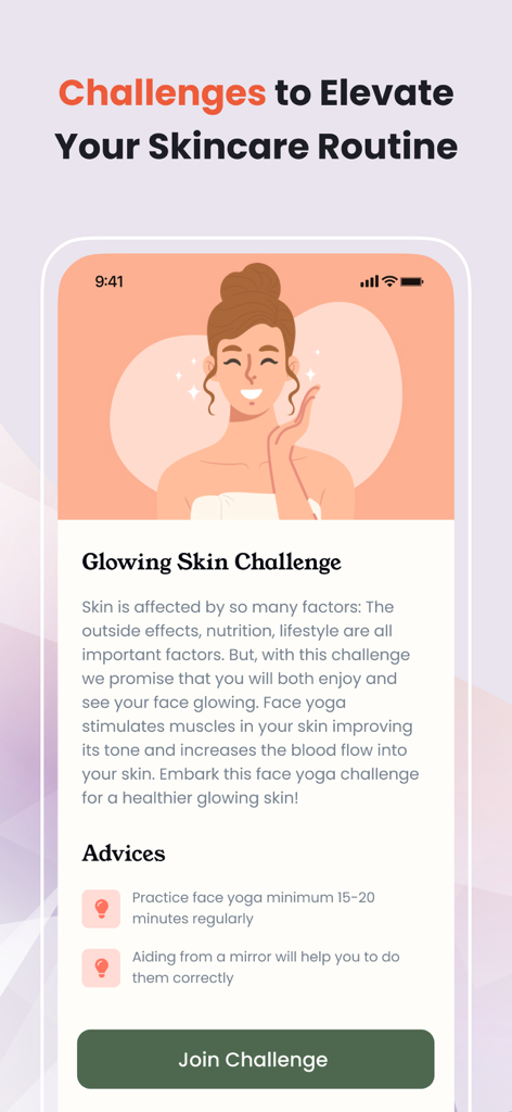 Young Face: Face Yoga Exercise - Interface of the Young Face app showing a Glowing Skin Challenge screen with face yoga advice and a Join Challenge button