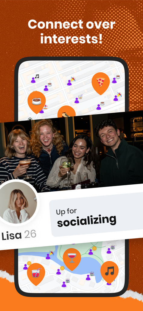 Amigos - Meet fun people - バーで一緒に笑っている友人たちのグループの隣に、ローカルソーシャルアクティビティと興味のピンを表示するマップ。