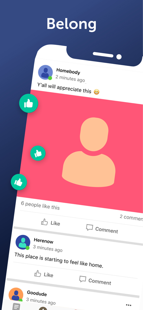 A mobile interface for the Grokio app showing a social media feed with community posts and the word Belong displayed at the top