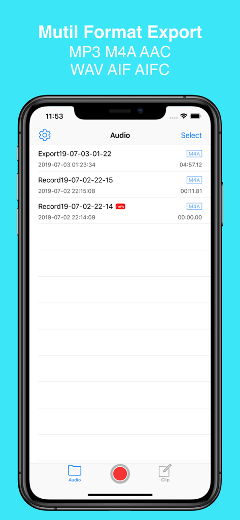 EZAudioCut app interface showing the audio file library with multiple export format options like MP3 and M4A