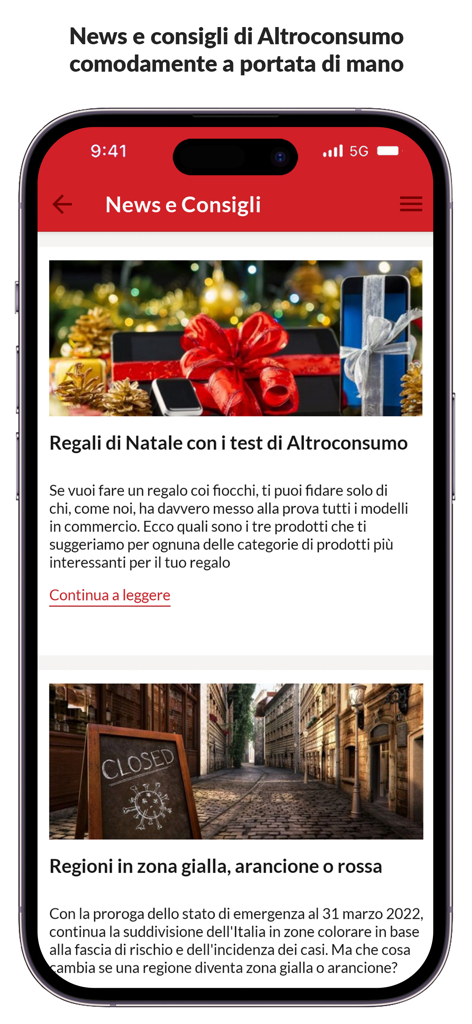 Altroconsumo - Schermata dello smartphone che mostra la sezione notizie e consigli dell'app Altroconsumo con articoli su test di prodotti e normative regionali.