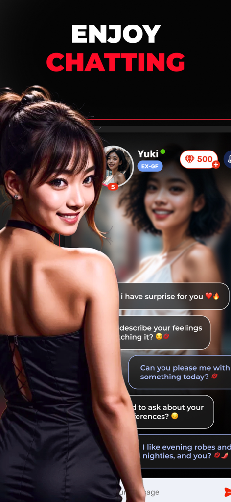 Flirtly - AI Girlfriend Chat - Interfaz de la aplicación Flirtly que muestra una pantalla de chat con un personaje de novia de IA llamado Yuki y mensajes de texto coquetos.