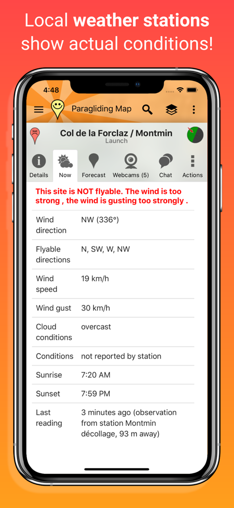 Mobile app interface showing real-time weather conditions and a safety warning for a paragliding launch site.