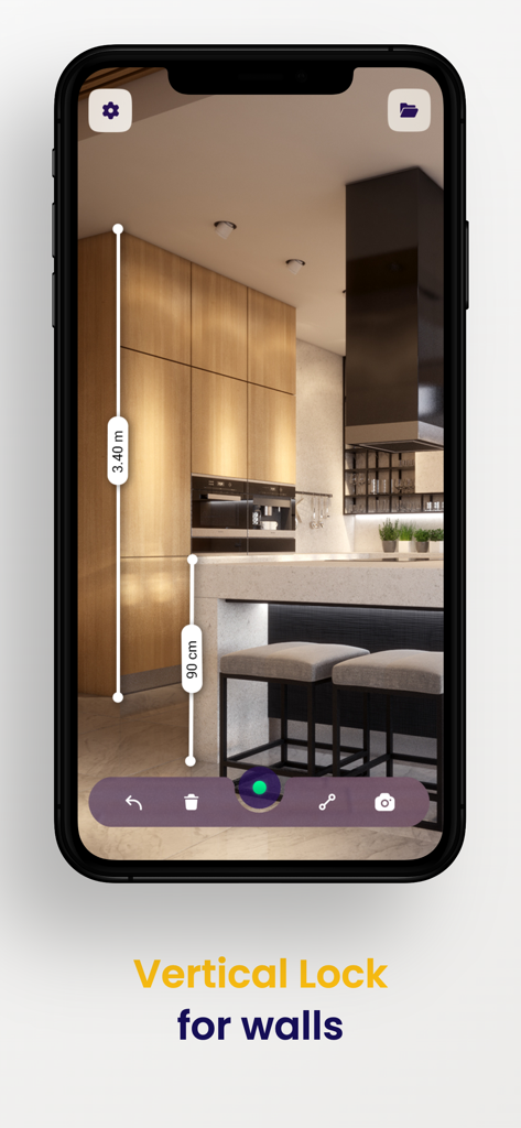 Measure Tools: AR Ruler Camera - Pantalla de smartphone mostrando una aplicación de medición AR usando un bloqueo vertical para medir la altura de la pared y las dimensiones de los gabinetes de la cocina.