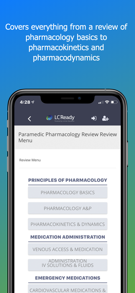 Paramedic Pharmacology Review app interface showing a menu of study topics including pharmacology basics and medication administration