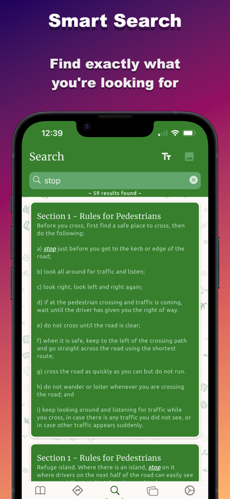 Zambia Highway Code - Smart search feature in the Zambia Highway Code app showing road rules for pedestrians