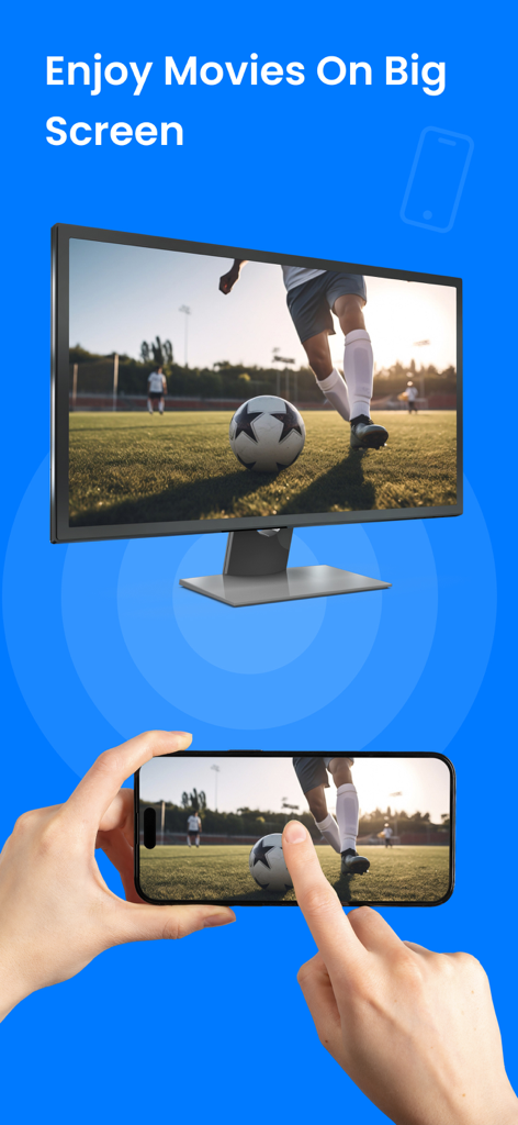 A smartphone screen mirroring a soccer video onto a larger television monitor