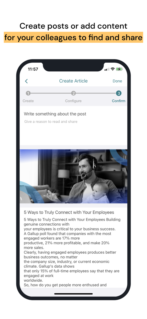 Haiilo Amplify - Mobile interface of Haiilo Amplify app showing the final step of creating a corporate article for employee sharing