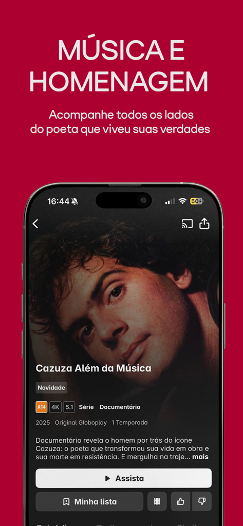 Globoplay: Novelas, séries e + - Mobile interface of the Globoplay app featuring an original documentary about the musician Cazuza