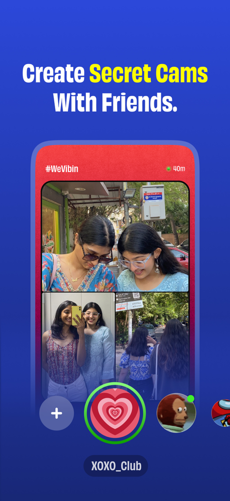 Interface of the Drop app showing a photo collage of friends with the text Create Secret Cams With Friends