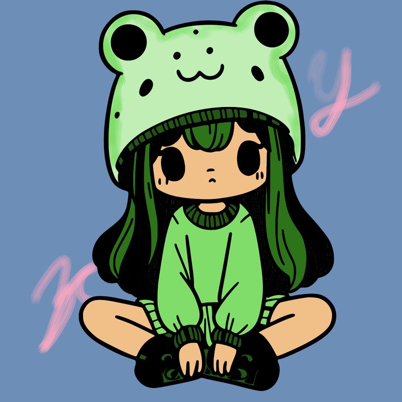 a girl wearing a frog hat and some frog socks