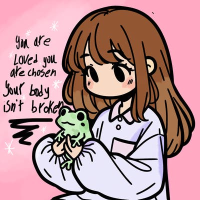 girl with long hair and a oversized shirt. and she is holding a frog