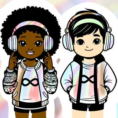 an afroamerican girl with headphones and a boy with headphones, they have an ♾️ symbol on their shirt