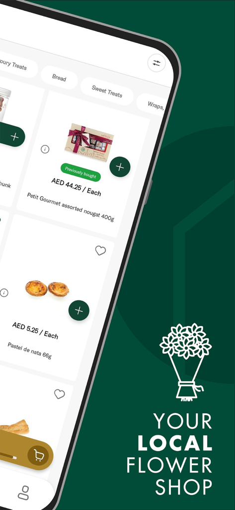 Spinneys mobile app interface showing bakery items and a local flower shop promotion