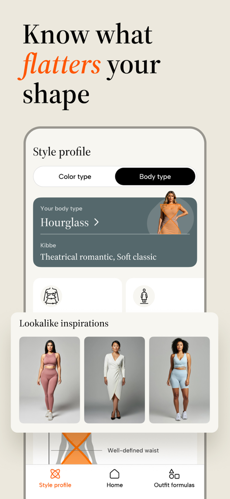 Stylio app interface showing hourglass body type analysis and lookalike fashion inspirations