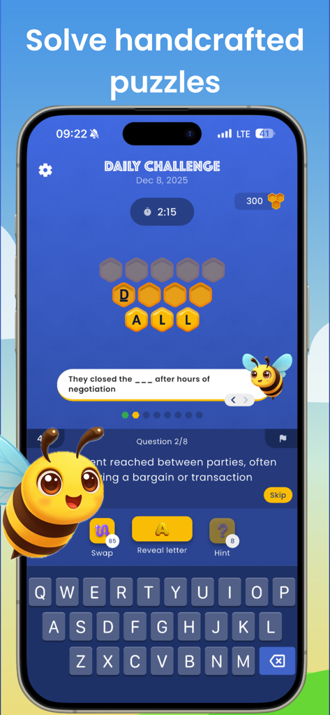 Beehive: Word Puzzle Challenge - Beehive Worträtsel-Herausforderungs-Gameplay auf dem Handy, das ein tägliches Trivia-Rätsel mit einem wabenförmigen Buchstabenraster und einem niedlichen Bienen-Maskottchen zeigt.